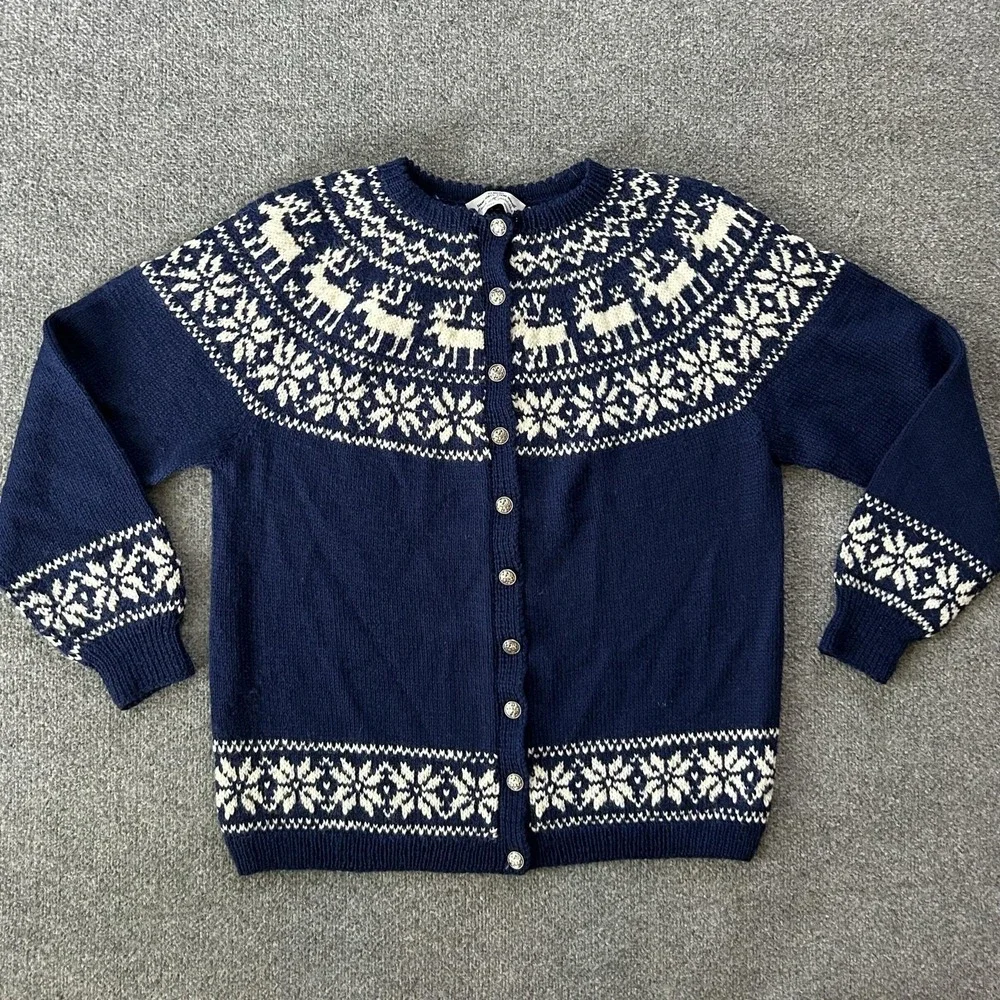 Norsk Håndstrikk Cardigan Womens Medium Blue Wool Reindeer Fair Isle Norway